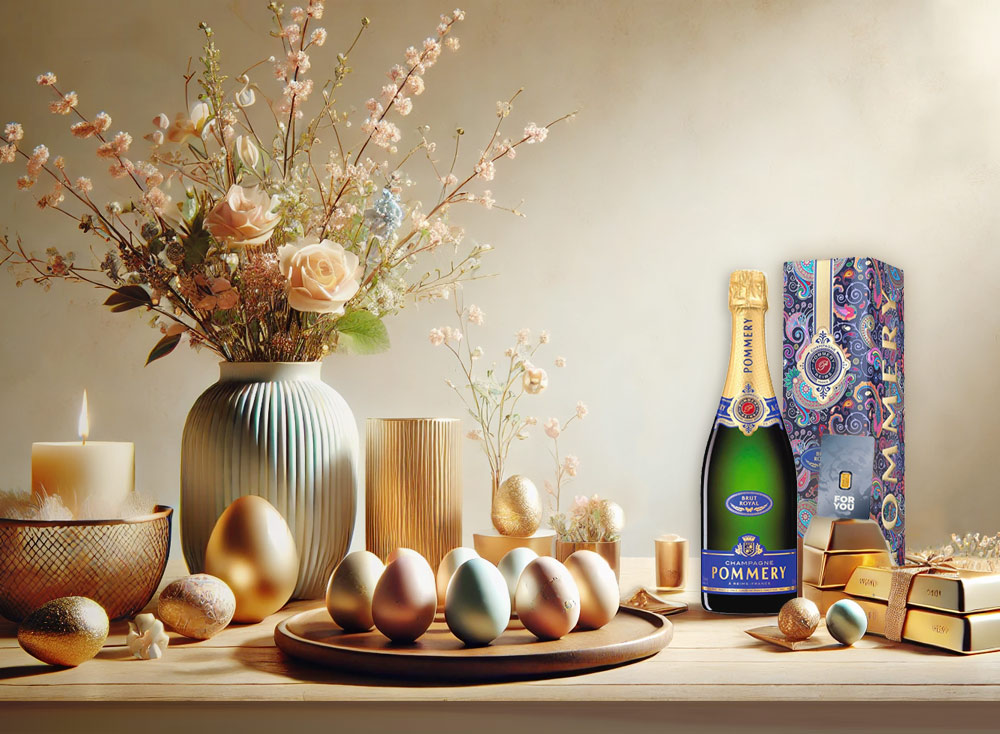 Gold als Ostersgeschenk - Goldbarren und Champagner